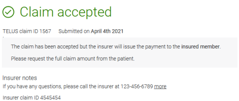 Claim accepted message wherein the payment will be made to the insured member