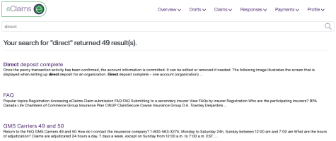 Search results from the eClaims learning corner