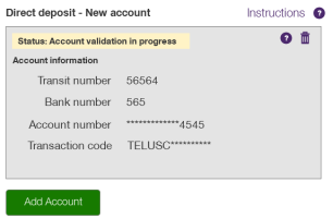 Account validation in progress panel on the Banking information window