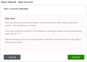 The Direct deposit - Step 2 Account verification window