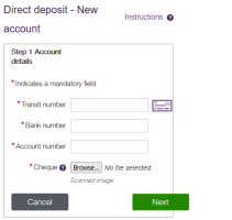 The direct deposit - new account window