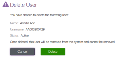 Delete User confirmation screen