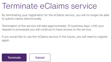 The Terminate eClaims service window