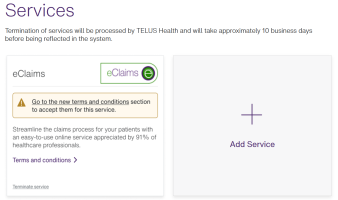 The Services window with the terms and conditions link.