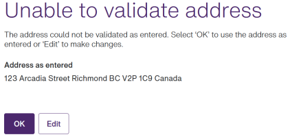 The Unable to validate address dialog box