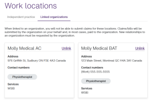 The Linked organizations tab of the Work locations window.